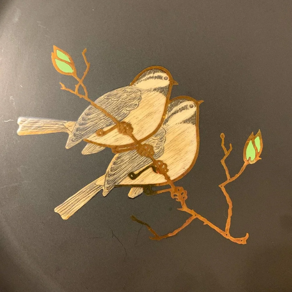 Couroc Vintage MCM Inlaid 2 Birds on Branch Round Plate Serveware‎ HTF